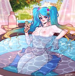 blue_hair breasts league_of_legends pool rolo's_art sona_buvelle visible_nipples