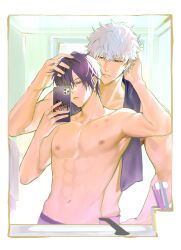 2boys after_shower bishonen gay gintama gintoki_sakata hair_over_one_eye hand_on_another's_head height_difference hickey hickey_marks male male_only mirror mirror_selfie morning morning_after muscular muscular_male not0910butter purple_hair selfie takasugi_shinsuke toned toned_male topless topless_male towel_around_neck twink wet_skin white_hair yaoi