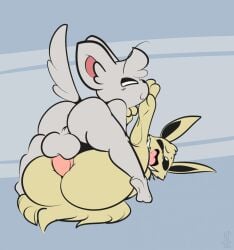 1-upclock ambiguous_gender anal anal_sex animal_genitalia balls eeveelution feet feet_up feral feral_on_feral furry hi_res jolteon mating_press minccino open_mouth penis pokémon_(species) pokemon pokemon_(species) tagme