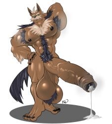 abs anthro armpit_hair arms_up balls cum cum_drip furry hair hairy hairy_chest herdier hi_res hyper hyper_balls hyper_penis male male_only muscular muscular_male penis pokémon_(species) pokemon rxq solo solo_male tagme