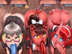 3demons 3girls all_fours ass bent_over big_penis blue_eyes blue_penis brown_hair cinder_(norasuko) classroom demon demon_girl demon_horns demon_tail fellatio female glasses grey_hair hair horn male meru_(merunyaa) multiple_demons multiple_females multiple_girls oral original penis pointy_ears red_hair red_penis red_skin school school_uniform scorchingnova skirt straight succubus tail uniform unseen_male_face upskirt yellow_eyes