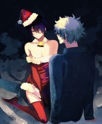 2boys bell_collar blush christmas christmas_outfit crossdressing dark_purple_hair detached_collar eye_patch femboy fully_clothed gay gintama gintoki_sakata girly green_eyes hair_over_one_eye klainkururu male male_only nipple_slip purple_hair red_legwear red_thighhighs santa_hat short_hair sitting sitting_on_person smile straddling strapless_dress takasugi_shinsuke thighhighs twink yaoi