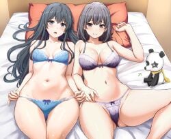 2girls bed bedroom belly blue_lingerie blush cameltoe inanaki_shiki large_breasts light_smile lingerie lying_on_bed my_teen_romantic_comedy_snafu one_arm_up one_knee_up panda pillow plushie purple_lingerie small_breasts yukinoshita_haruno yukinoshita_yukino