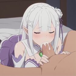 ai_generated big_breasts blowjob blush blushing_at_viewer breast_grab breasts elf elf_ears elf_female emilia_(re:zero) enormous_breasts fellatio long_hair natsuki_subaru oral oral_sex purple_eyes re:zero_kara_hajimeru_isekai_seikatsu sex sucking_penis swallowing_cum white_hair