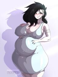 black_hair black_nail_polish goth goth_girl huge_breasts looking_at_viewer okioppai pale-skinned_female pandora_(okioppai) pregnant pregnant_belly smiling_at_viewer thick_thighs wide_hips