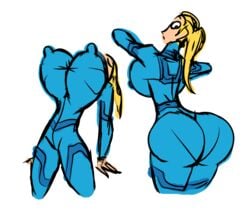 ass blonde_hair bodysuit breast_expansion expansion huge_ass huge_breasts kevemperor looking_back metroid nintendo nipple_bulge ponytail samus_aran xelbaxexilex