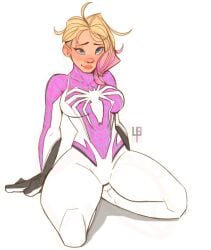 1girls alternate_costume artist_logo big_breasts blonde_hair blue_eyes breasts buzz_cut eyebrow_piercing female female_only fully_clothed gradient_hair gwen_stacy hourglass_figure large_thighs marvel marvel_comics messy_hair piercing pink_hair safe_for_work short_hair solo solo_female solo_focus spider-gwen spider-man:_into_the_spider-verse spider-man_(series) thick_thighs thighs tight_clothing tomphelippe two_tone_hair wide_hips