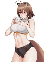 1girls animal_ears belly_button black_panties blush bob_cut bra breasts brown_eyes brown_hair clothed clothing cyon_hart drunktatsu eyebrows_visible_through_hair female female_only happy huge_breasts light-skinned_female light_skin looking_at_viewer mug oracle_(v&u) panties raccoon_ears raccoon_girl raccoon_tail simple_background solo sports_bra tail tanuki virtual_and_universe_(v&u) virtual_youtuber white_background