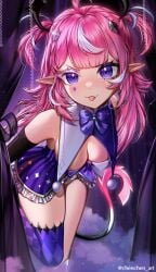 :3 :p ahoge bangs blush bow breasts camila_(vtuber) cleavage cute_fang demon_girl demon_tail dress elbow_gloves female hair_ornament indie_virtual_youtuber long_hair looking_at_viewer marking_below_eyes medium_breasts multicolored_hair pink_hair pointy_ears purple_eyes solo streaked_hair succubus tail thighhighs tongue tongue_out two_side_up virtual_youtuber