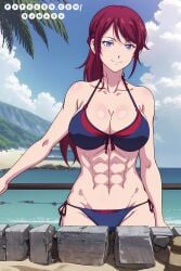 1girls acchan_(megami_no_kafeterasu) ai_generated athletic_female bare_legs beach bikini blue_eyes blue_sky djmacx female_abs fit_female magenta_hair megami_no_kafeterasu milf ocean pussy