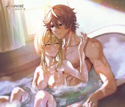 1boy 1boy1girl bath bathing bathtub big_breasts blonde_hair childe_(genshin_impact) cute earring fanon_couple female genshin_impact ginger ginger_hair hoyoverse kinphyre lumine_(genshin_impact) mihoyo romantic scars straight tartaglia_(genshin_impact) yellow_eyes