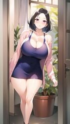 ai_generated big_breasts big_cleavage black_hair blue_shirt busty cleavage doorway dressed enormous_breasts giant_breasts huge_breasts large_breasts milf pale_skin pink_sweater purple_eyes standing sweater