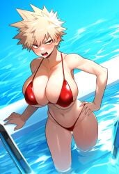 adult_swim ai_generated angry angry_face bakugou_katsuki bikini breasts female_bakugou gender_transformation genderswap_(mtf) gigantic_breasts huge_breasts katsuki_bakugou large_breast my_hero_academia pool red_bikini rule_63 stable_diffusion thong_bikini toonami