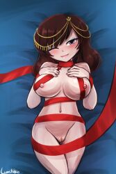 1girls blush breasts christmas female female_only looking_at_viewer lumineko nude one_eye_closed pussy ribbon solo