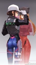 2girls animal_ears animal_hat ass ass_visible_through_thighs asuka_langley_sohryu back_view bangs baseball_cap black_eyes black_hair black_headwear blowing_bubblegum blue_bodysuit bodysuit bubble_butt chewing_gum cropped_jacket d.va dated ear front_view gradient_background grey_background hand_in_pocket hat hat_tip headphones lips lollipop long_hair long_sleeves looking_at_viewer looking_back neon_genesis_evangelion overwatch overwatch_2 pilot_suit plugsuit rebuild_of_evangelion red_bodysuit red_hair squidsmith_(artist) thigh_gap touching_head watermark weibo_logo weibo_username zipper