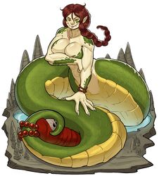 abs braid breasts brown_hair chris-ceehaz claws cleavage female lamia large_breasts looking_at_viewer monster_girl muscles muscular_female pointy_ears scales skull solo tail tongue tongue_out yellow_eyes