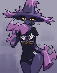 bottomless hat looking_at_viewer mismagius money notyoursagittarius panties pokeball_logo pokemon pokemon_(species) shadow_wizard_money_gang t-shirt