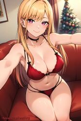 1girls ai_generated blonde_hair blunt_bangs choker christmas christmas_tree cleavage collar curvaceous ear_piercing earrings female female_only front_view kitagawa_marin lingerie long_hair midriff nail_polish patreon_username pendant petite pink_eyes red_bra red_panties red_underwear selfie solo solo_focus sono_bisque_doll_wa_koi_wo_suru stable_diffusion taking_selfie teenage_girl teenager temptart thighs two_tone_hair underwear url very_long_hair watermark web_address wide_hips