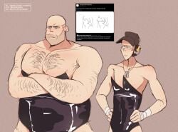 2boys 2d 2d_(artwork) 5_fingers artist_name artist_signature bald bald_man bare_shoulders bare_thighs big_pecs black_cap blue_eyes blush blushing blushing_male brown_hair bunnysuit cap chest_hair clothing color colored crossed_arms dog_tags english_text eyebrows fat fat_man flat_chest freckles frown frowning hair hairy hairy_armpits hairy_arms hairy_chest hairy_male hairy_pecs hands_on_hips headphones headset heavy_(team_fortress_2) heavy_weapons_guy homhom large_pecs light-skinned_male light_background light_skin looking_at_another looking_away male male_focus male_only man_boobs meme moobs multiple_boys muscular muscular_male no_visible_nipples obese obese_male overweight overweight_male pecs scout scout_(team_fortress_2) screenshot simple_background skinny skinny_male slight_blush team_fortress_2 twink watermark