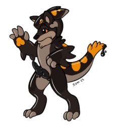 1boy anthro ashenclaw brown_body canid canine canis genitals goo_(disambiguation) male male_focus male_only mammal orange_eyes penis solo solo_focus symrea wolf