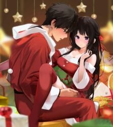 1boy1girl black_hair black_hair_female blush blushing brown_hair brown_hair_male carrying carrying_partner chitanda_eru christmas christmas_clothing christmas_headwear christmas_outfit christmas_tree cowgirl_position embarrassed face_against_breast girl_on_top green_eyes hyouka implied_sex implied_vaginal leggings lifting_person looking_at_breasts mery_(yangmalgage) oreki_houtarou purple_eyes red_stockings santa_dress santa_hat santa_suit staring_at_breasts stockings