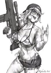 1girls american_flag american_flag_bikini backwards_baseball_cap big_breasts bikini character_request cleavage female female_only firearm grand_theft_auto grand_theft_auto_vi gun mud_girl_(gta_vi) npc robustaart sideboob sniper sniper_rifle tongue underboob weapon