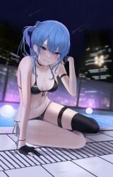 1girls bikini blue_eyes blue_hair breasts city fingerless_gloves gloves hi_res hololive hololive_gen_0 hololive_japan hoshimachi_suisei kachikachipiroo looking_at_viewer night pool smile solo stockings swimming_pool swimsuit thigh_strap thighs virtual_youtuber wet