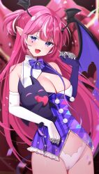 :d ahoge bangs bare_shoulders bell blush bow bowtie breasts cameltoe camila_(vtuber) cimp_(camila) cleavage cleavage_cutout clothing_cutout cowboy_shot demon_girl demon_tail demon_wings dress elbow_gloves facial_mark fan_mascot_(vtuber) female gloves head_wings heart heart_ahoge holding large_breasts long_hair looking_at_viewer multicolored_hair no_pants oerba_yun_fang open_mouth panties pink_hair pointy_ears purple_eyes sleeveless smile solo streaked_hair succubus tail two_side_up underwear very_long_hair virtual_youtuber white_gloves white_panties wings