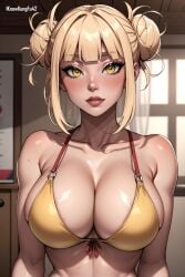 1girls ai_generated alternate_breast_size artist_name bangs big_breasts bikini bikini_top blonde_hair blunt_bangs blush bra breasts cleavage clothed clothing detailed_background double_bun eyelashes female female_human female_only hair_bun himiko_toga human iknowkungfu42 large_breasts light-skinned_female light_skin lips looking_at_viewer my_hero_academia parted_lips red_lips red_lipstick solo underwear underwear_only yellow_eyes