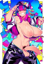 1futa ai_generated ai_hands balls big_balls big_breasts big_penis colored colorful colorful_background colorful_hair cum eyes_half_closed futa_only futanari huge_breasts jacket jambou large_breasts light-skinned_female novelai pants penis pink_eyes pose pubic_hair smile solo_futa toothy_grin topless