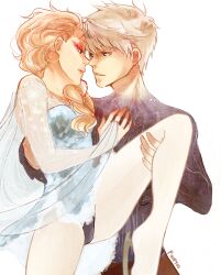 1boy 1girls blonde_hair crossover crossover_pairing disney dreamworks elsa_(frozen) female frozen_(film) holding_partner jack_frost jack_frost_(rise_of_the_guardians) jelsa legs_apart legs_up male male/female nose_to_nose panties rise_of_the_guardians straight