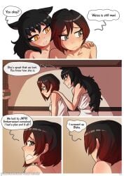 2d 2girls big_breasts black_hair blake_belladonna breasts cat_ears catgirl clothing comic comic_page couple dress english_text faunus female female_only khartemis large_breasts long_hair multiple_girls muscular muscular_female on_bed open_mouth page_2 pale_skin red_hair rooster_teeth ruby_rose rwby short_hair team_rwby text text_bubble thick_thighs thighs wet yellow_eyes yuri