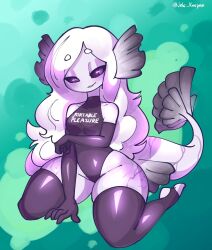 alien_girl black_eyes bodysuit character_request fish jek_korpen pinup purple_skin solo_female thick_thighs thighhighs white_hair