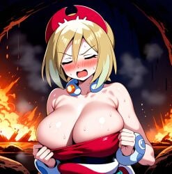 ai_generated big_breasts blonde_hair blush closed_eyes huge_breasts irida_(pokemon) large_breasts nintendo pokemon pokemon_legends:_arceus short_hair squatting stable_diffusion sweat sweatdrop