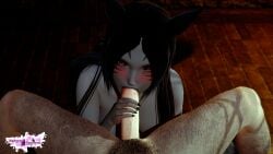 3d black_hair black_hair_female blowjob blush blushing catgirl cupiditatem dark-skinned_female dark_skin fellatio final_fantasy final_fantasy_xiv male/female miqo'te oral oral_sex penis_in_mouth red_eyes riaykuras_playground sucking sucking_penis