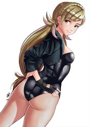 1girls absurd_res artist_name ass black_canary_(cosplay) blonde_hair breasts butt_crack catsliketodraw colored_tips cosplay dc female fire_emblem fire_emblem_heroes fishnets gluteal_fold green_arrow_(series) green_eyes highres jacket leather leggings lips looking_at_viewer nintendo sharena_(fire_emblem) sideboob skin_tight smile solo thighs tight_clothing white_background