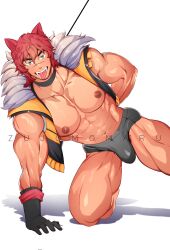 abs animal_ears bara bulge chest collar heartsteel_series heartsteel_sett large_pectorals league_of_legends leash leash_and_collar leash_pull looking_at_viewer male male_focus male_only muscular muscular_arms muscular_male muscular_thighs nipples pecs pectorals petplay sett solo solo_focus solo_male submissive submissive_male tongue tongue_out underwear zujomomaru