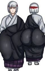 androgynous ass big_ass child_bearing_hips doughy_ass grey_hair huge_ass jujutsu_kaisen pink_eyes standing theodyss thick_thighs uraume voluptuous white_background white_hair wide_hips