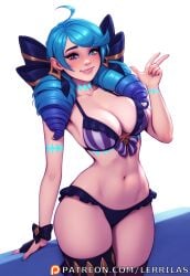 ai_eyes ai_generated bikini blue_eyes blue_hair bow cleavage gwen_(league_of_legends) hair_bow league_of_legends lerrilas medium_breasts midriff neck_tattoo riot_games standing tagme thighhighs thighs twin_drills twintails