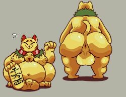 anthro anus ass balls belly big_anus big_balls big_belly big_butt big_nipples big_penis butt_focus chubby_cheeks coin collar domestic_cat felid feline felis fur genitals gold_(metal) gold_coin huge_butt lying male mammal maneki-neko nipples overweight overweight_anthro overweight_male penis pokonuki puffy_anus smile thick_thighs yellow_body yellow_fur