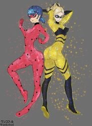 2d 2d_(artwork) 2girls artist_name ass blonde_hair blue_eyes blue_hair bodysuit bright_colors bright_pupils butt cameltoe chloe_bourgeois clothing dat_ass eye_mask female female_only ladybug_(character) marinette_dupain-cheng medium_breasts miraculous:_tales_of_ladybug_and_cat_noir miraculous_ladybug multiple_girls nipple_bulge open_eyes png pose queen_bee_(character) signature simple_background smile superheroine wankofool