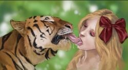 1girls ambiguous_gender bestiality blonde bow eye_shadow eyes_closed female_on_feral human kissing light-skinned_female lipstick saliva saliva_trail tiger zoophilia zyumin