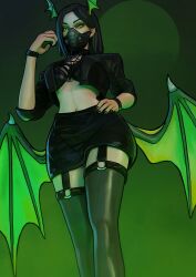 black_nails bra bracelet gas_mask green_eyes looking_at_viewer mask midriff sfrinzy skirt solo stockings tagme upskirt valorant viper_(valorant) wings