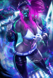 1girls akali alternate_costume breasts cleavage female female_only hand_on_shirt k/da_akali k/da_series league_of_legends looking_at_viewer medium_breasts pinup sakimichan solo