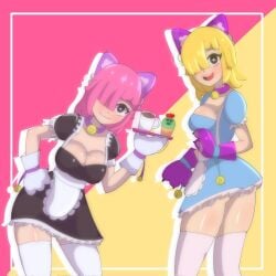 2girls :3 big_ass big_breasts black_eyes brawl_stars colette_(brawl_stars) female female_focus female_only furry_ears furry_feet furry_female maid maid_outfit maid_uniform pink_hair pinku_pawlette yellow_hair