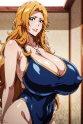 1girls ai_generated arms_at_sides bare_shoulders bare_thighs big_breasts bleach blue_eyes blush breasts_bigger_than_head busty chain_necklace chains child_bearing_hips cleavage competition_swimsuit erect_nipples erect_nipples_under_swimsuit female female_only hourglass_figure huge_breasts jewelry large_breasts lipstick long_hair makeup matsumoto_rangiku mature mature_female mature_woman nai_diffusion necklace nipples one-piece_swimsuit oppai orange_hair puffy_nipples ringohanbagu sagging_breasts smile stable_diffusion sweat sweatdrop swimsuit thighs tight_swimsuit top_heavy upper_body very_long_hair voluptuous wavy_hair wide_hips