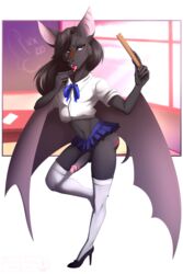 2018 anthro balls bat beezlebumawoken blue_eyes bottomless candy clothed clothing crossdressing erection food girly hair legwear lollipop looking_at_viewer male mammal membranous_wings miniskirt no_underwear open_mouth penis ruler school_uniform shade_the_bat shirt skirt solo spanking standing stockings teeth thigh_highs tongue tongue_out uniform wings