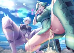 2girls animal_ears blackswamp0808 censored city destruction eazybreezytv giant_couple giantess peeing sasquatchulous_(vtuber) squatting urine_flood virtual_youtuber vtuber