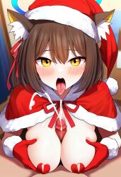 1boy ai_generated allied_hyakkiyako_academy_student alternate_costume animal_ear_fluff animal_ears areola_slip bangs blue_archive blurry_background blush breasts breasts_out breasts_squeezed_together brown_hair capelet christmas cleavage clothed_female_nude_male covered_nipples cum cum_in_mouth cum_on_body cum_on_breasts ears_through_headwear ejaculation erection eyeshadow female fox_ears fox_girl fox_tail fur-trimmed_capelet fur-trimmed_headwear fur_trim gloves hair_between_eyes hair_ornament hair_ribbon halo hat heart_pasties indoors izuna_(blue_archive) komorebi_p large_breasts looking_at_viewer makeup medium_hair ninjutsu_research_club_(blue_archive) nipples nude open_mouth paizuri pasties penis pom_pom_(clothes) pov pov_crotch projectile_cum raised_eyebrows red_capelet red_gloves red_headwear red_ribbon ribbon saliva saliva_trail santa_costume santa_hat self_upload short_hair solo_focus straight sweat tail teeth tongue tongue_out upper_body yellow_eyes