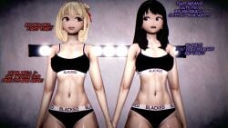 2girls 3d black_hair blacked blacked_clothing blonde_hair hair_ribbon handholding holding_hands inoue_takina koikatsu lycoris_recoil navel nervous nishikigi_chisato purple_eyes red_eyes self_upload sic_phuck smile sports_bra stage_lights text thighs underwear white_wall